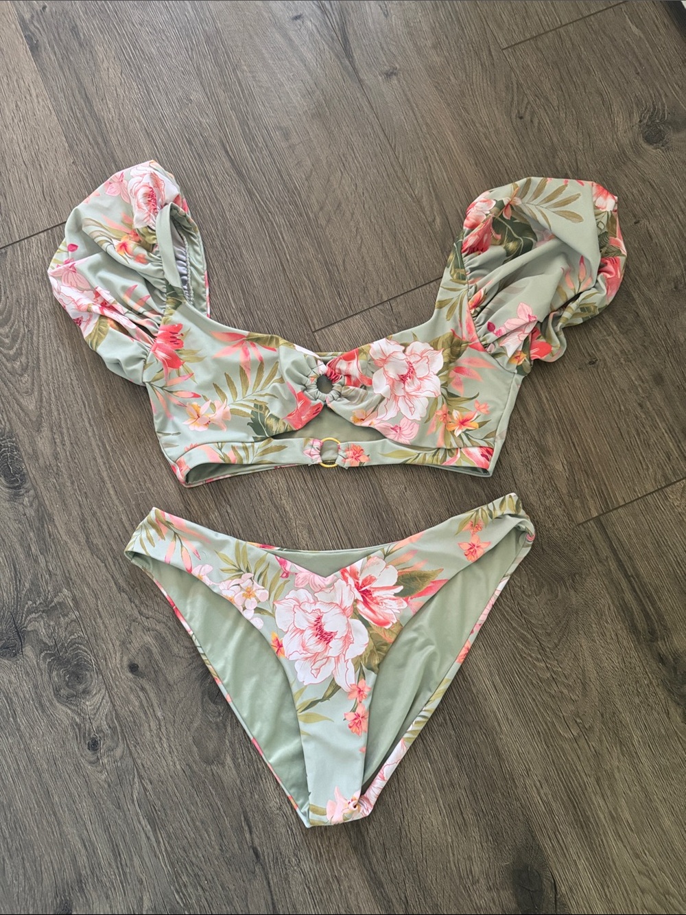 Altar'd State Sage Green Floral Puff-Sleeve Bikini